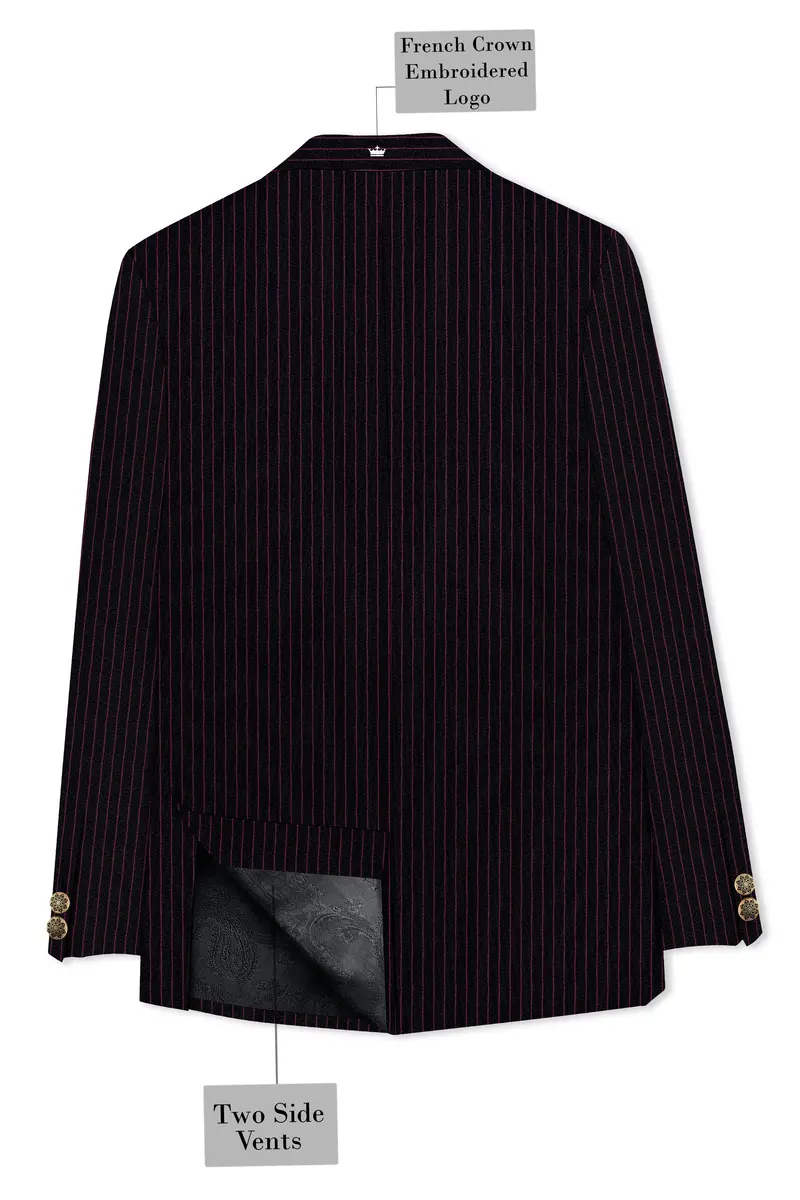 Zeus Black With Dark Mauve Pink Striped Cross Placket Bandhgala Blazer 7