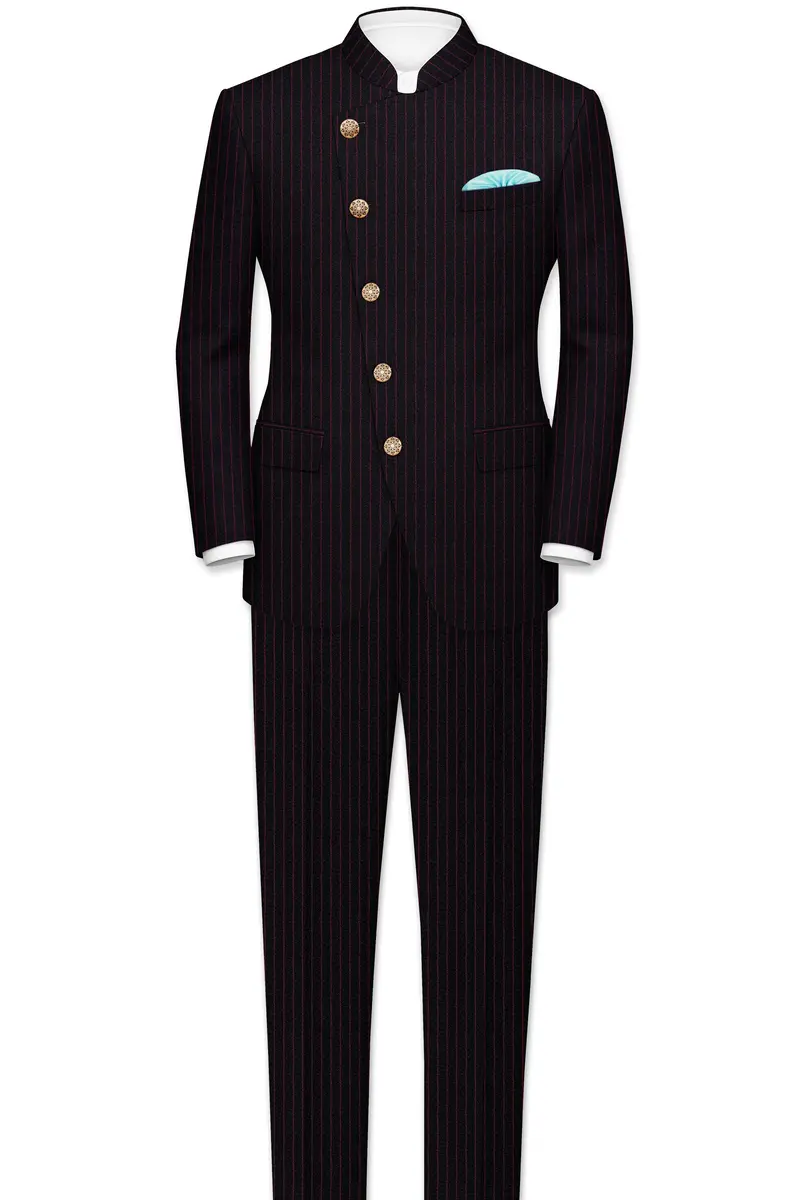 Zeus Black With Dark Mauve Pink Striped Cross Placket Bandhgala Blazer 8