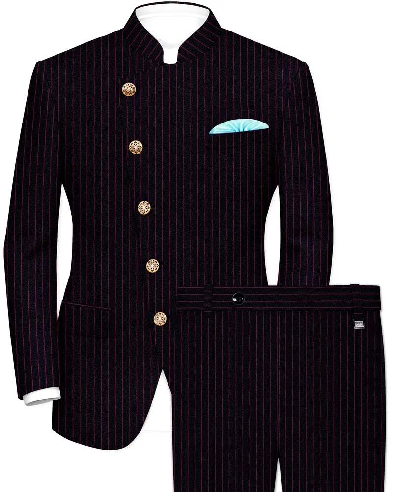 Zeus Black With Dark Mauve Pink Striped Cross Placket Bandhgala Suit 1