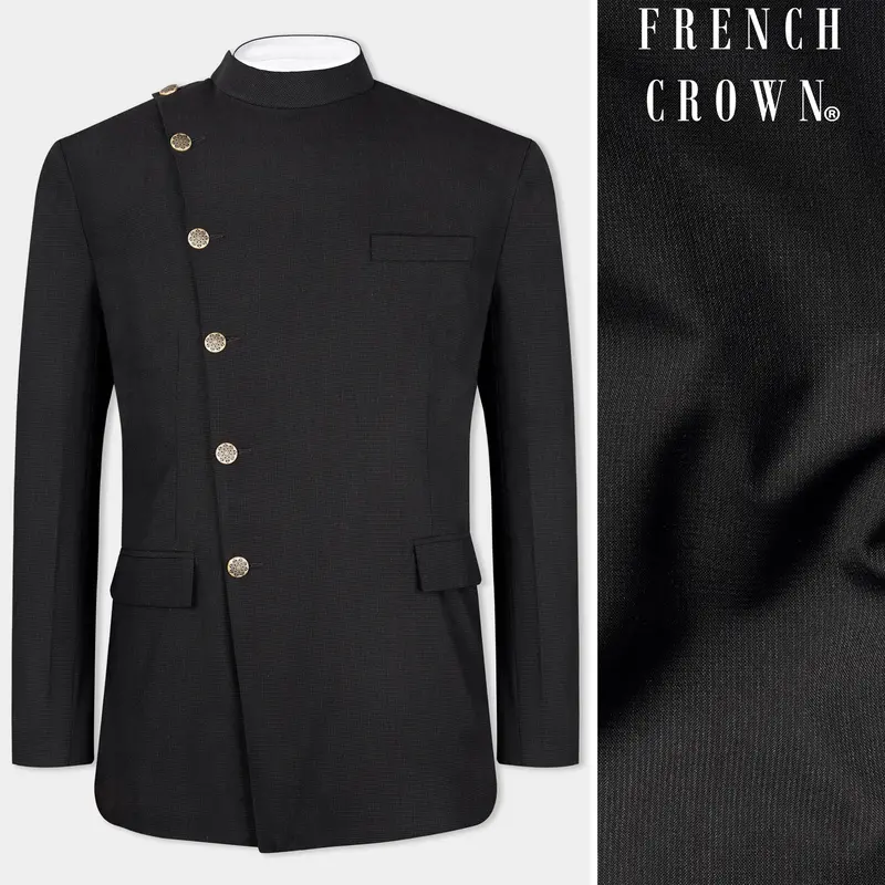 Zeus Black Wool Rich Cross Placket Bandhgala Blazer 1