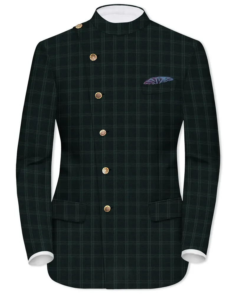 Zeus Green Plaid Cross Placket Bandhgala Blazer 1
