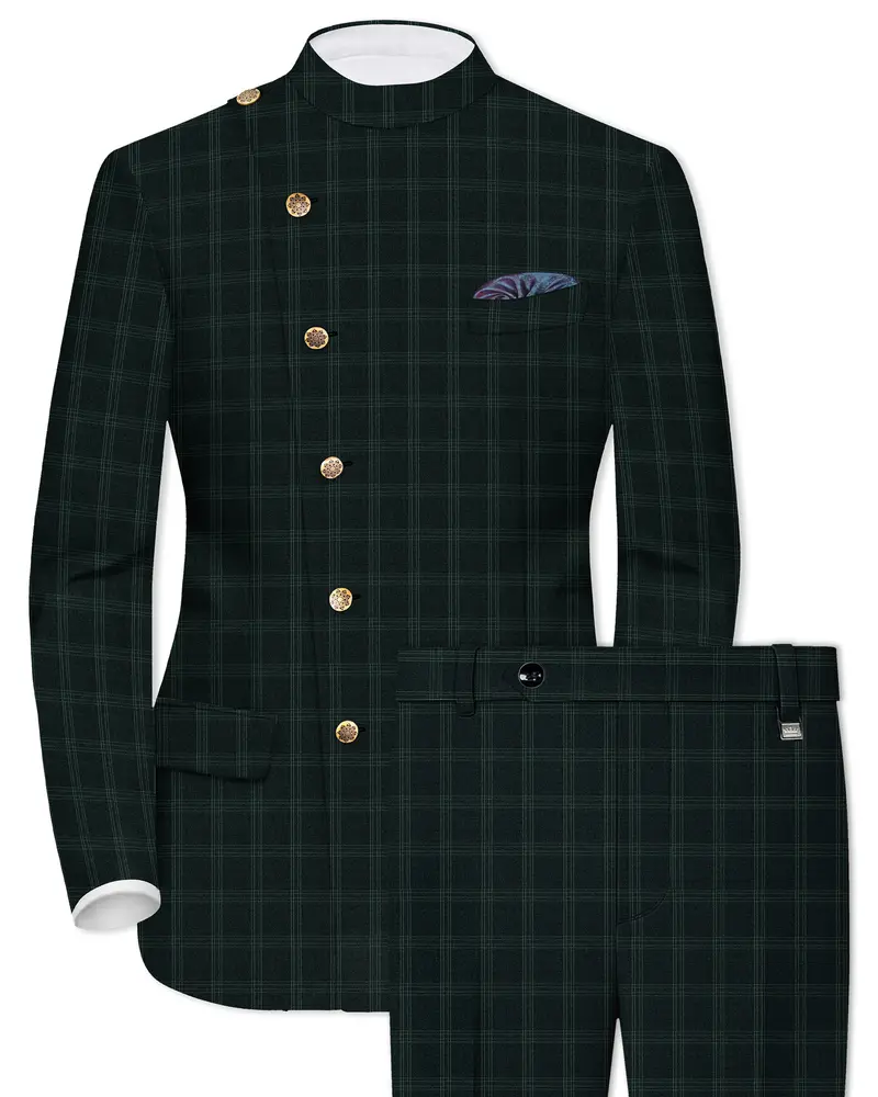 Zeus Green Plaid Cross Placket Bandhgala Suit 1