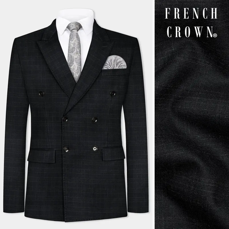 Zeus Grey Plaid Wool Blend Double Breasted Blazer 1