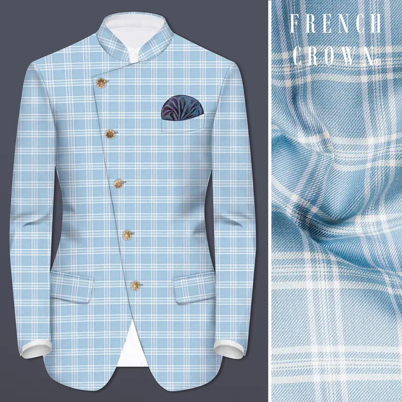 Ziggurat Blue And Bright White Plaid Wool Rich Cross Placket Bandhgala Blazer 1