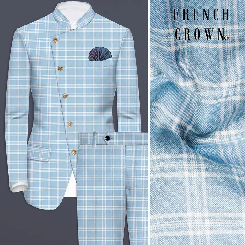 Ziggurat Blue And Bright White Plaid Wool Rich Cross Placket Bandhgala Suit 1