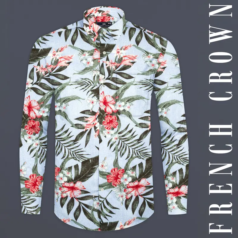 Ziggurat Blue With Lunar Green And Froly Pink Tropical Printed Luxurious Linen Shirt 1