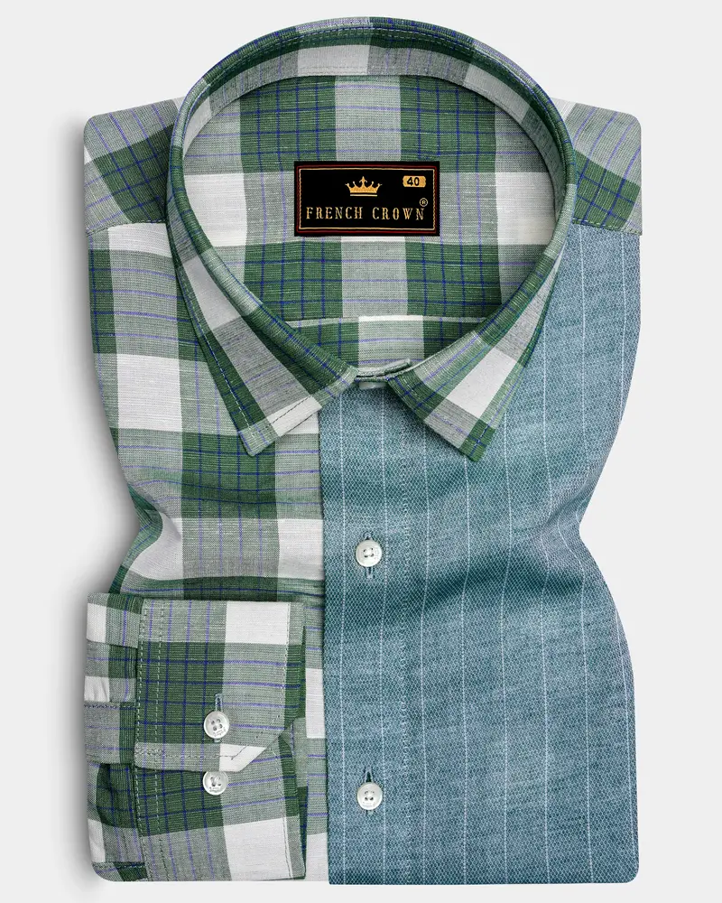 Ziggurat Green Striped With Camarone Green Checkered Luxurious Linen Designer Shirt 1