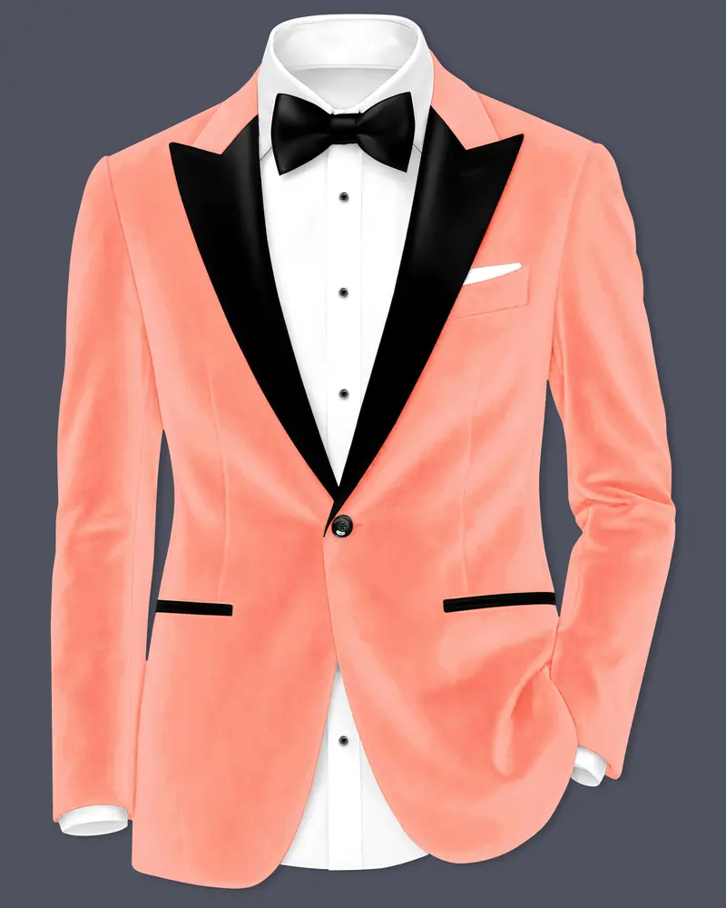 Zyron-Salmon Orange Velvet Peak Lapel Tuxedo Blazer 1