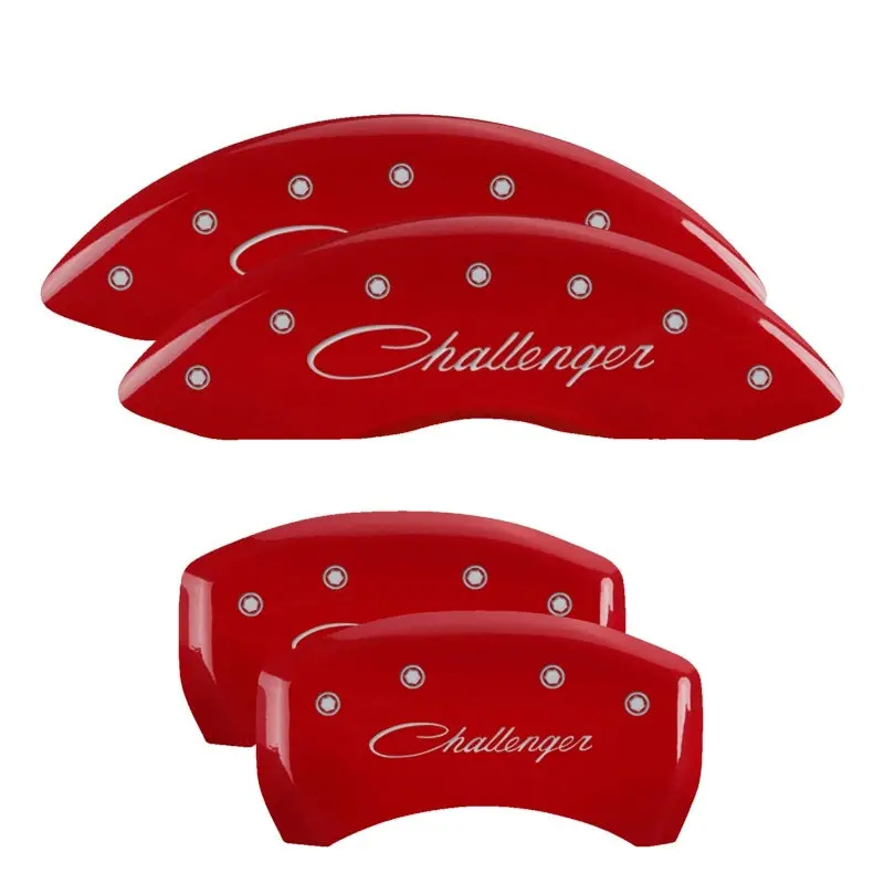 Mgp Engraved 4-Piston Caliper Covers – Front & Rear – Cursive Design With Challenger Red Finish And Silver Accents 1